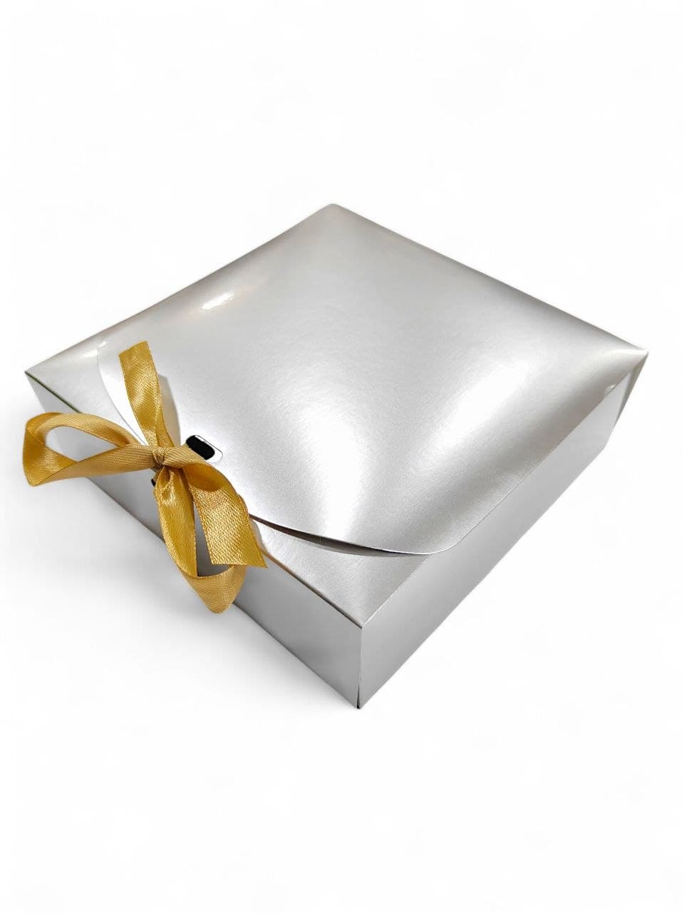 Silver Foldable Gift Box with Pre-Tied Bow Ribbon - 16.51X16.51X5.08 cm